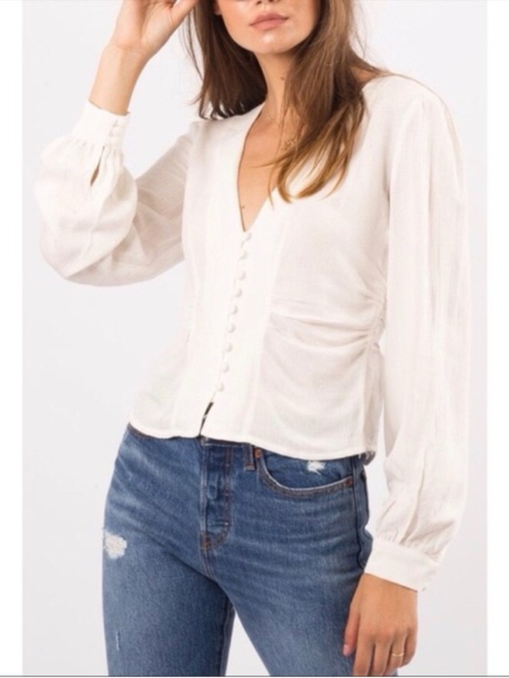 Free People Cream Button-Front V-Neck Blouse with Billow Sleeves - Maisie